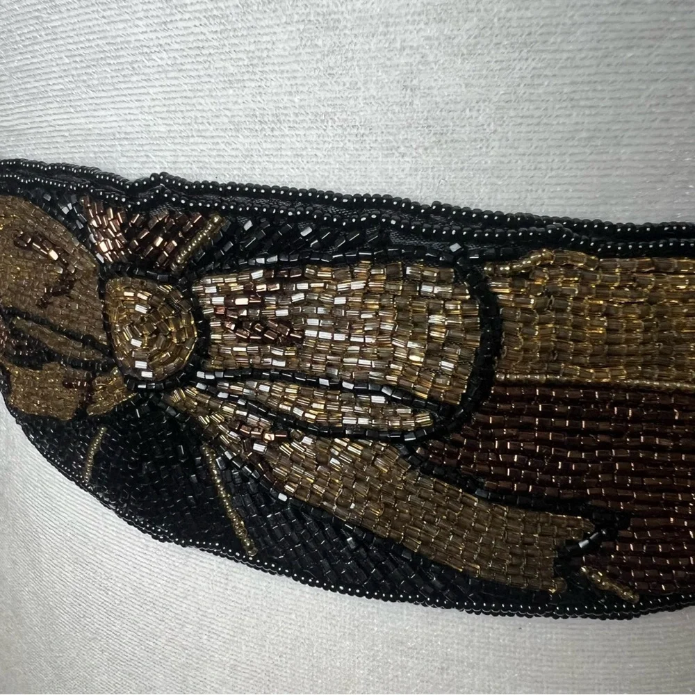 VTG 90s Hand Beaded Tie Belt Art Deco Boho Waist Sash Black Gold Destinee Glam